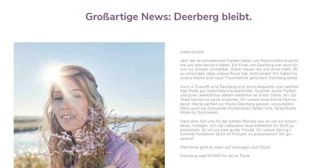 Screenshot der Deerberb-Website mit einem Kundenbrief zur Fortführung der Marke