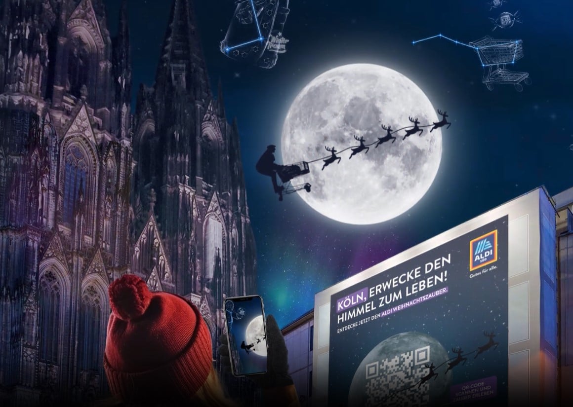 Weihnachtskampagne von Aldi Süd mit Augmented Reality Effekten auf dem Weihnachtsmarkt