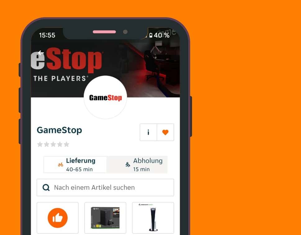 Foto: Screenshot der Lieferando-App mit Gaming-Artikeln von GameStop