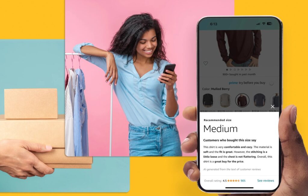 Screenshot der Amazon Fashion App mit einer KI-generierten Größenempfehlung