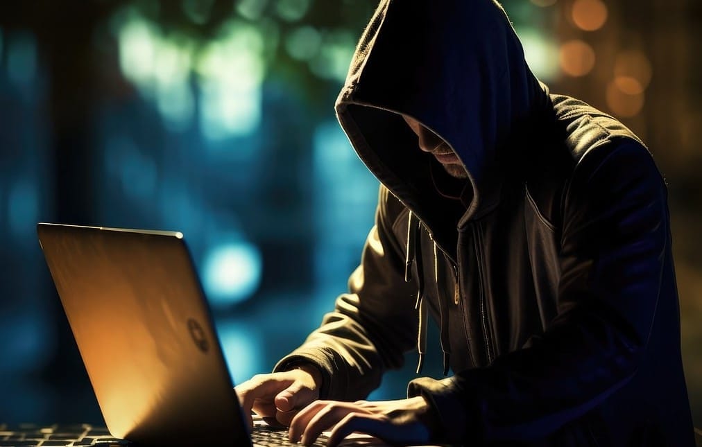 Mann mit Kapuzenpullover und verdecktem Gesicht vor einem Laptop als Symbol eines Online-Betrügers