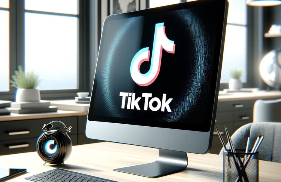 Arbeitsplatz und Monitor mit TikTok Logo