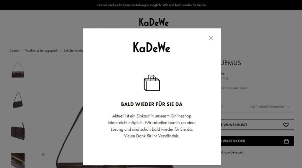 Vorrübergehend geschlossener KaDeWe Online-Shop