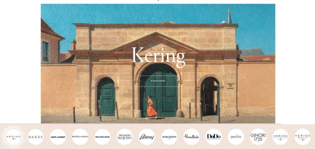 Startseite von Kering mit Logos aller Marken/Houses