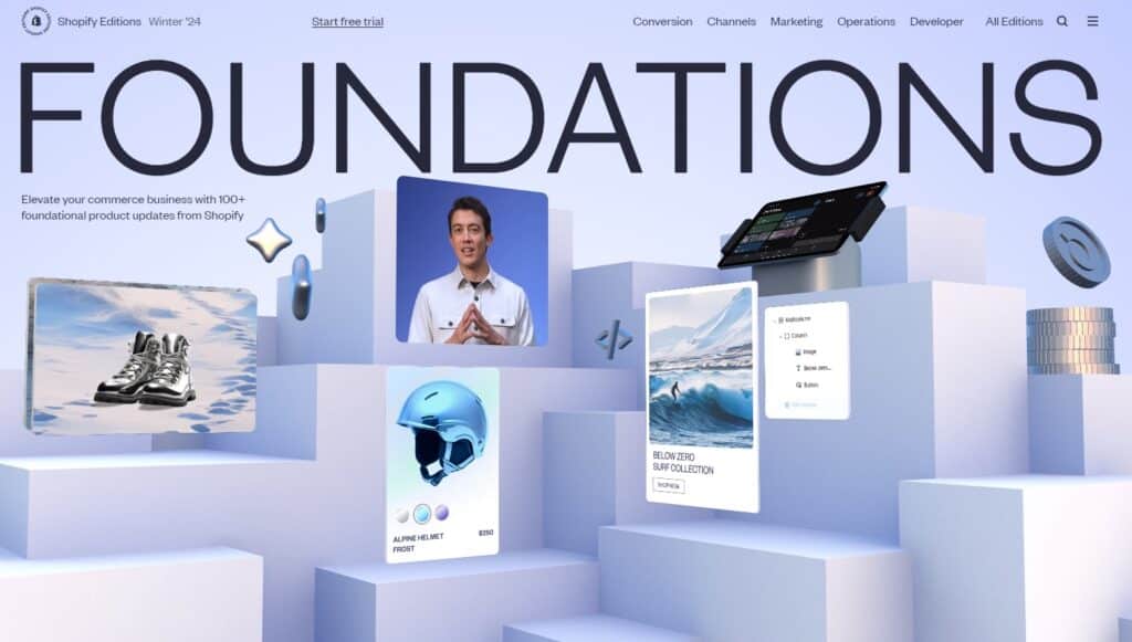 Titelseite der neuen Foundations-Funktionen der Shopify Editions Winter 2024
