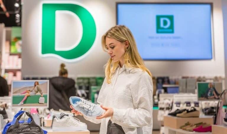 Weibliche Kundin mit Schuh in einer Deichmann-Filiale