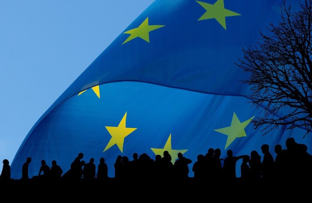 EU-Flagge und mehrere Arbeitet als Symbol für das Verbot von Artikel aus Zwangsarbeit