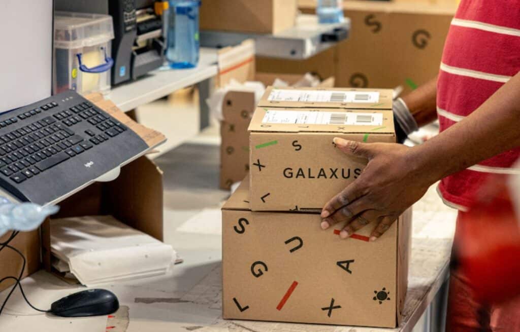 Logistimitarbeiter und Paket von Galaxus