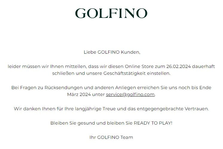 Hinweis im Online-Shop zur Insolvenz von Golfino