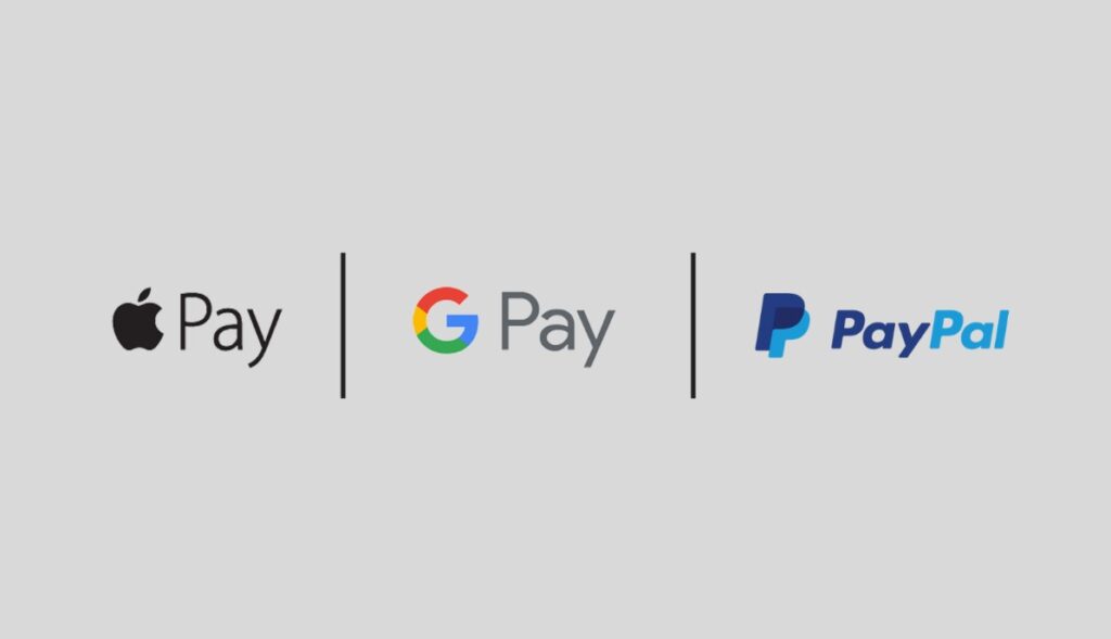 3 Logos von Apple Pay, Google Pay und PayPal