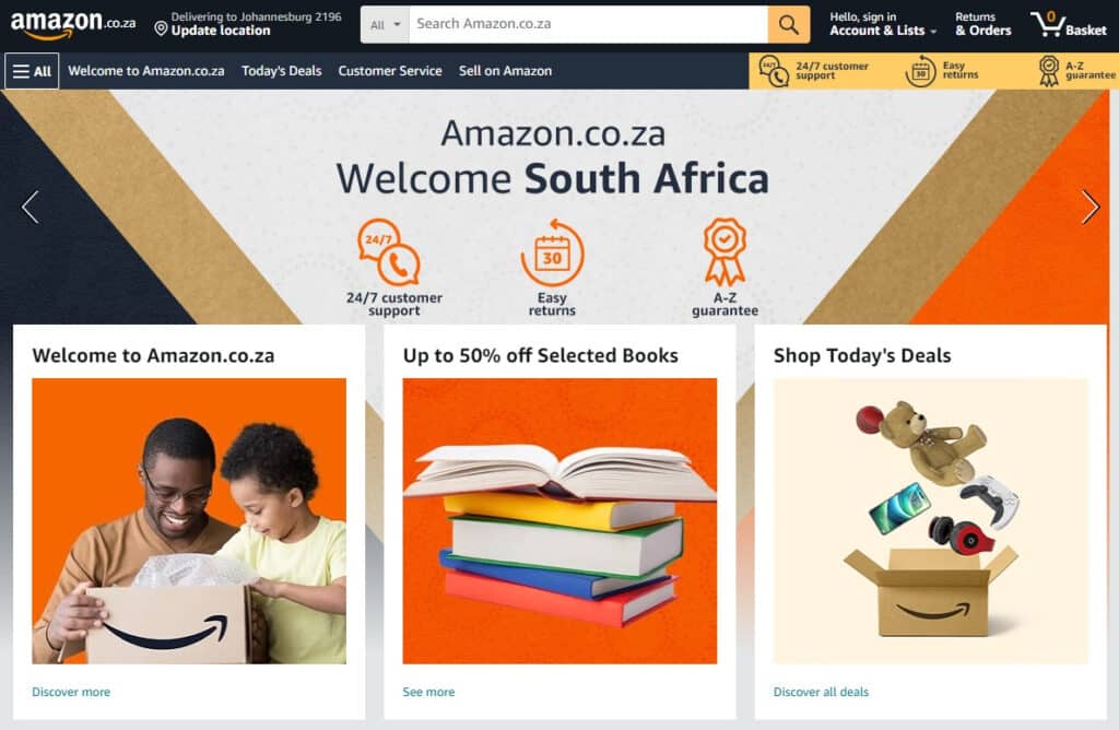 Startseite von Amazon Südafrika
