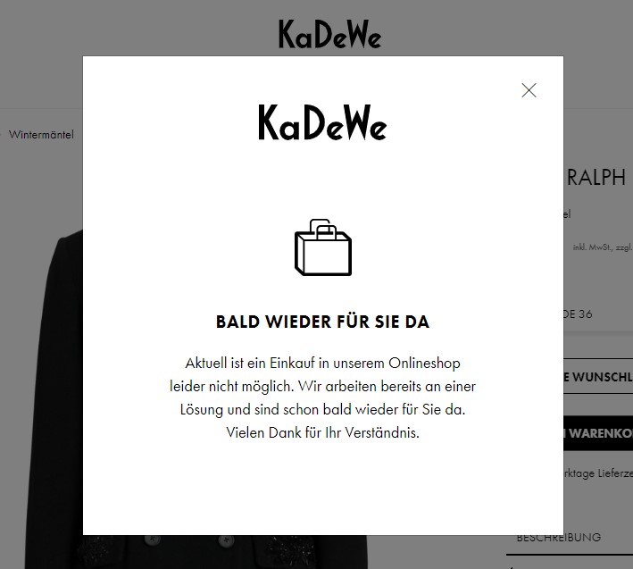 Onlineshop von KaDeWe mit einem Hinweis, dass aktuell keine Bestellungen möglich sind