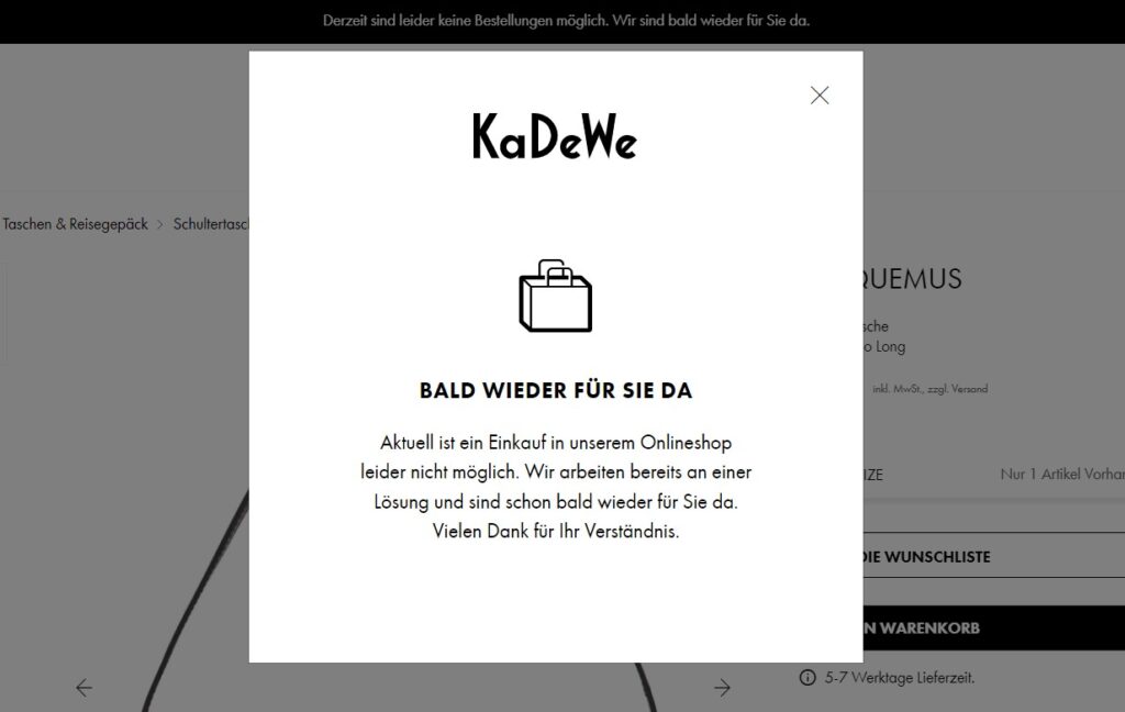 Hinweis im KaDeWe Onlineshop, dass keine Bestellungen angenommen werden können