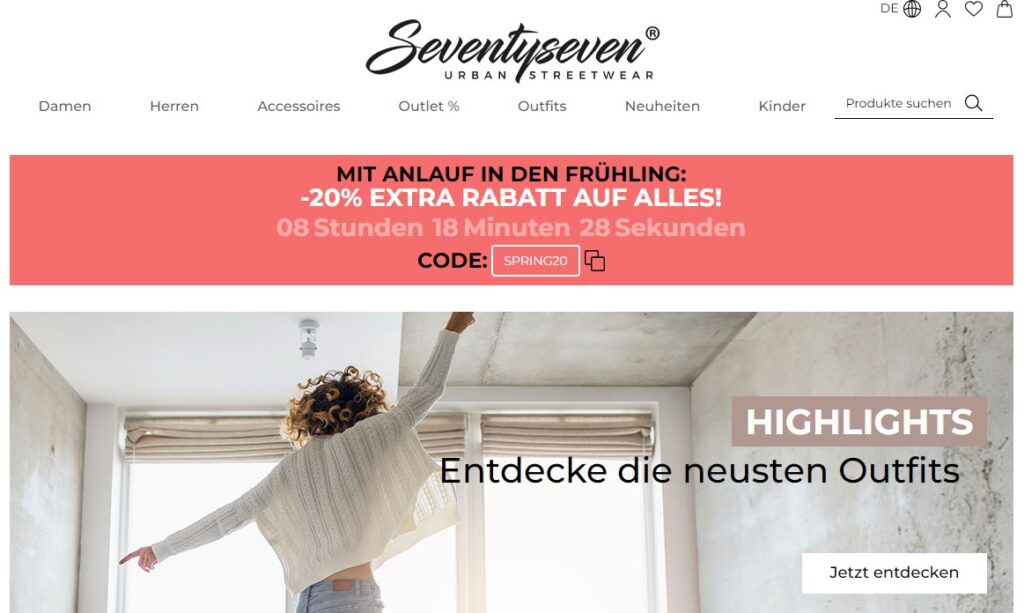 Startseite des insolventen Online-Shop Seventyseven