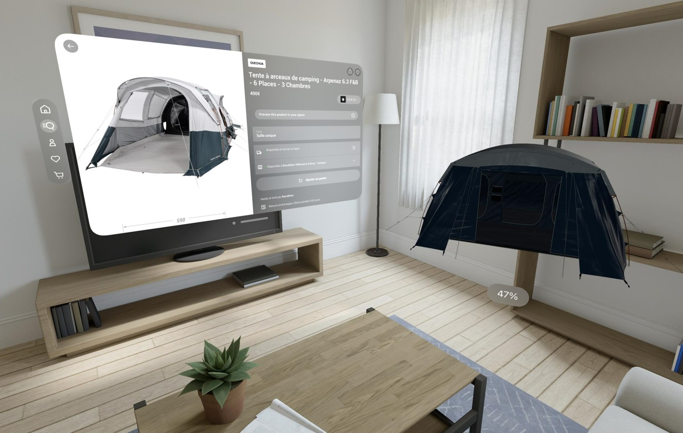 Darstellung eines Zelts in der Apple Vision Pro App von Decathlon
