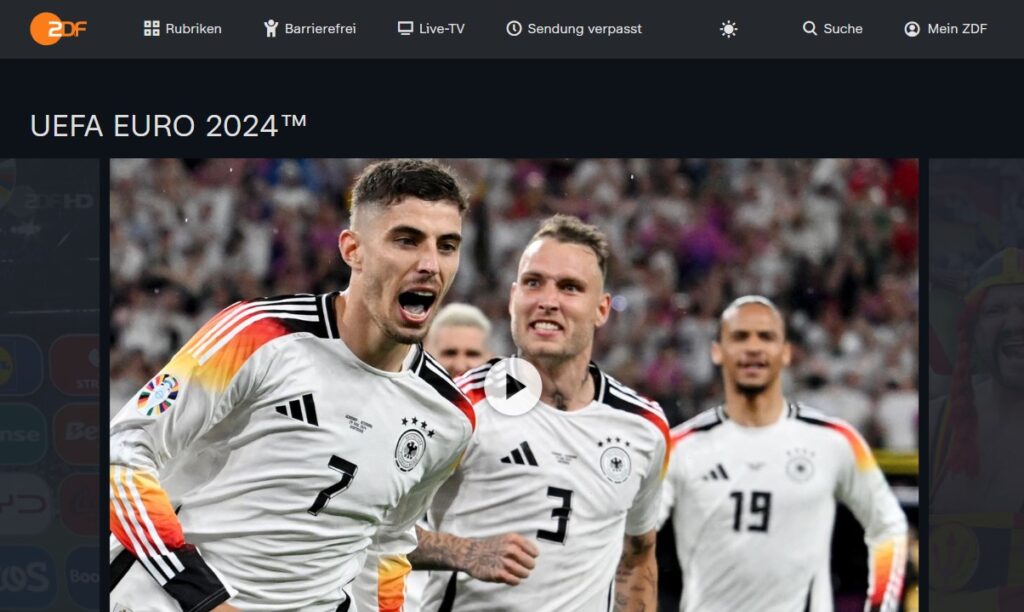 Screenshot der EURO 2024 Seite der ZDF Mediathek