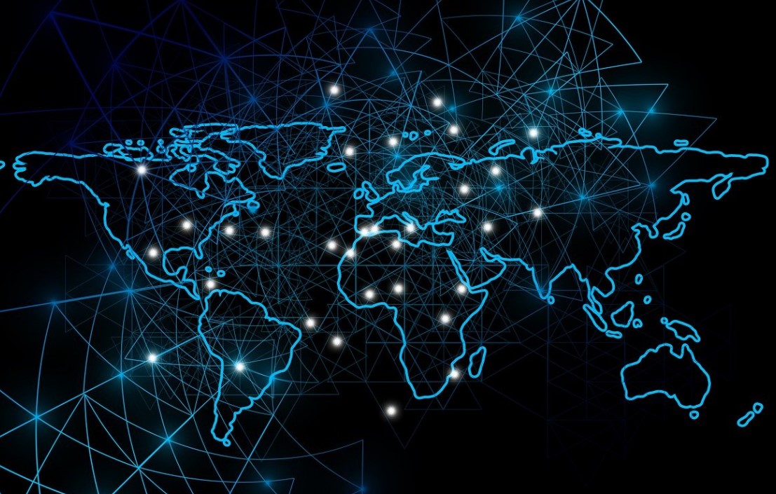 Knotenpunkte auf einer Weltkarte als Symbol für Blockchain