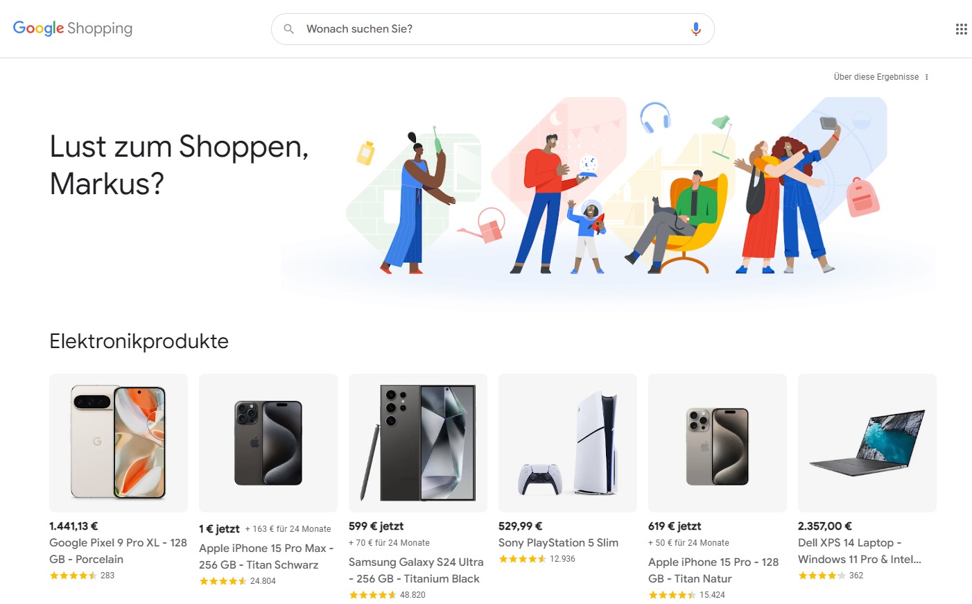 Google Shopping Startseite mit Produkten und Suchfeld