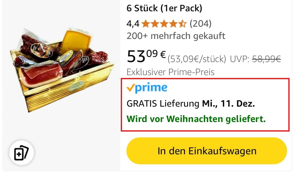 Amazon-Produkt mit Lieferung vor Weihnachten