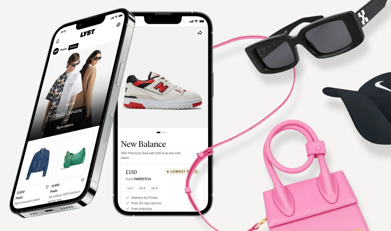 Lyst auf einem Smartphone neben mehreren Mode Produkten