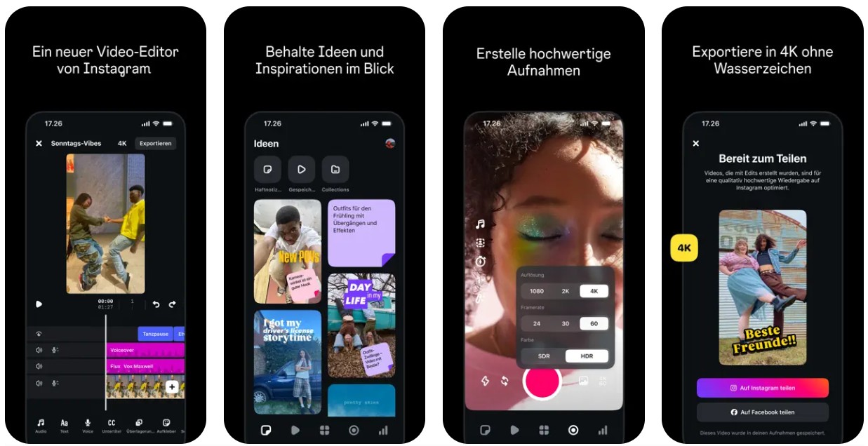 Screens der Instagram App Edits von Meta