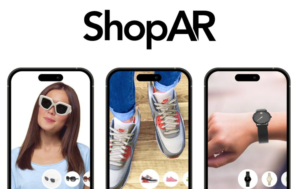 ShopAR Logo und drei Smartphone Screens mit virtueller Anprobe