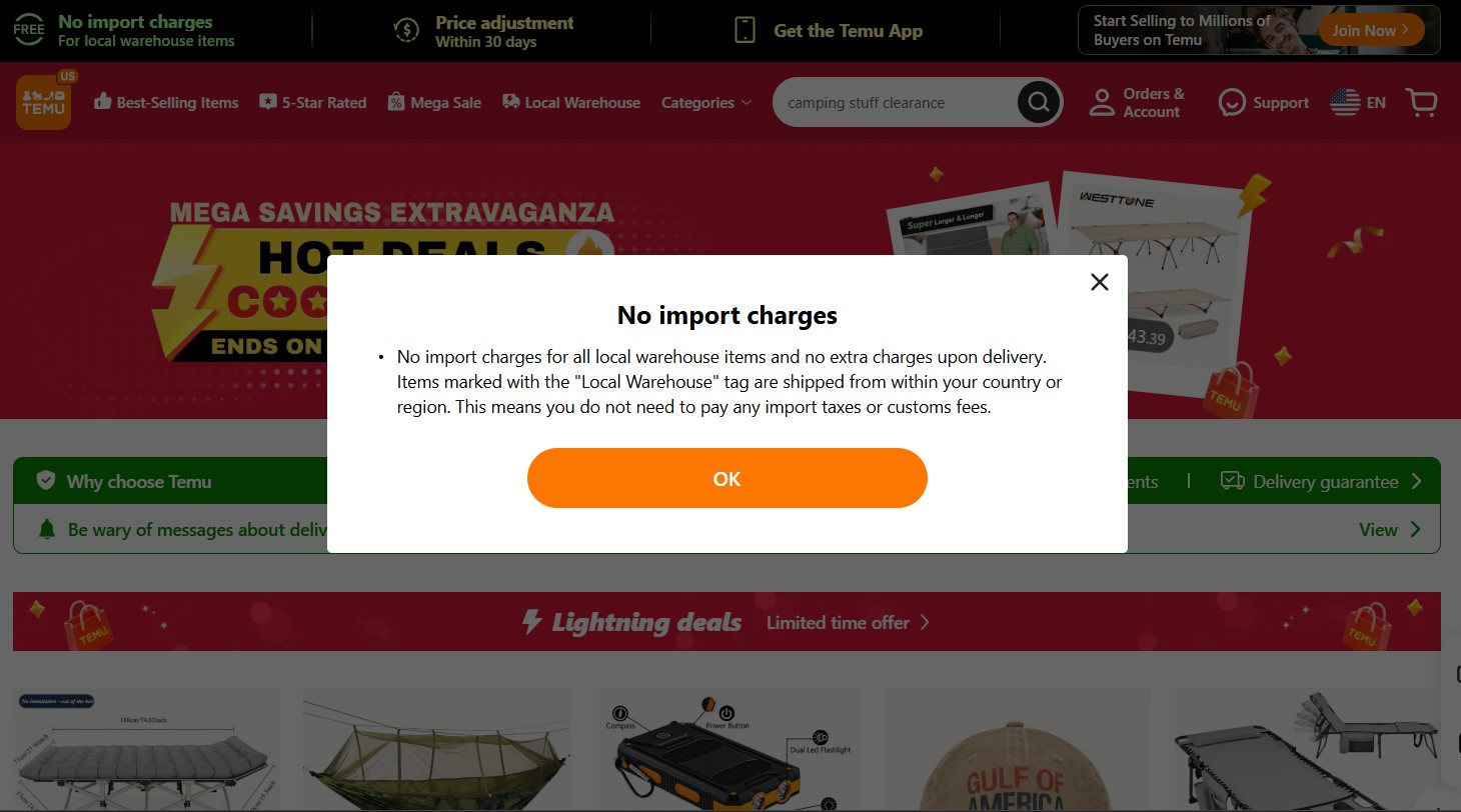Hinweis bei Temu USA zu No Import