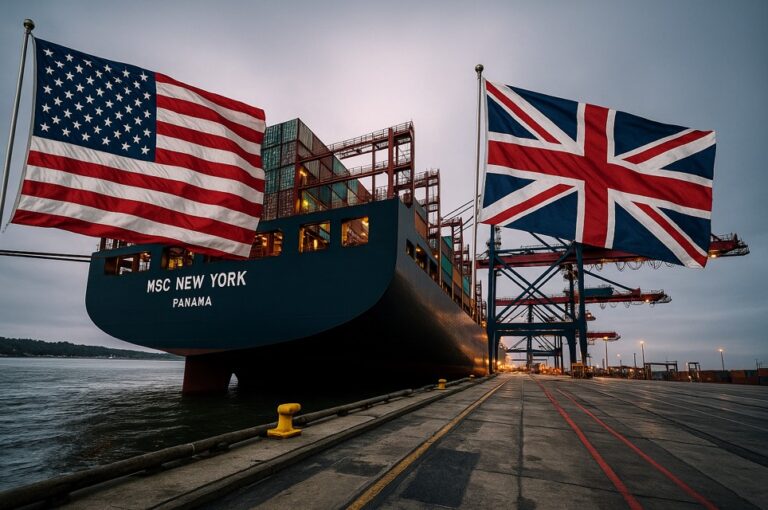 USA und UK Flaggen vor einem Schiff
