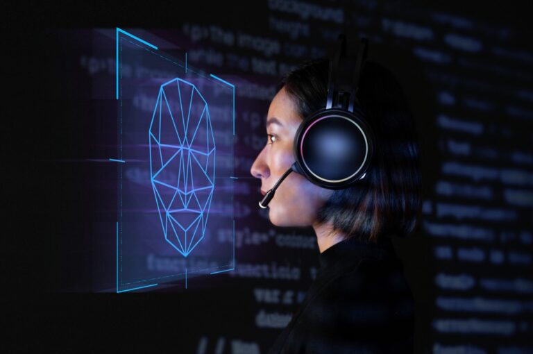 Programmiererin mit Agentic AI Symbolik