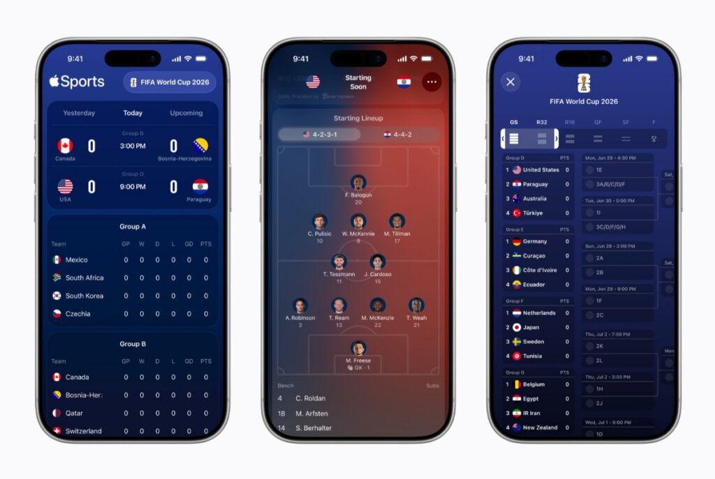Screenshots der Apple Sports App zur WM