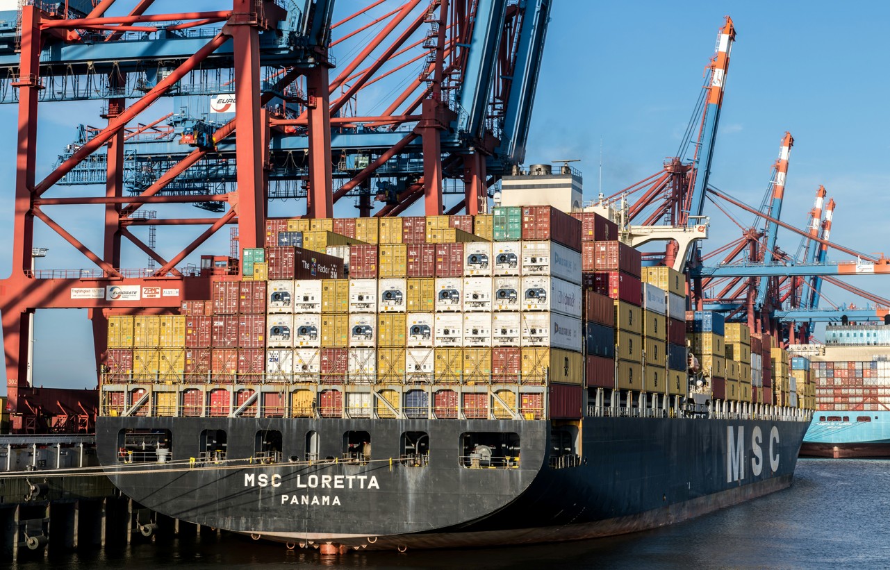 Container Schiff am Hamburger Hafen