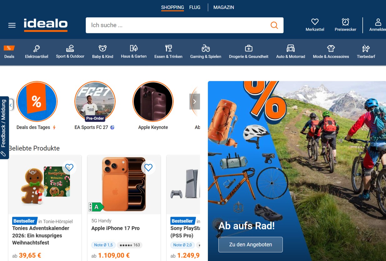 Startseite der idealo Website