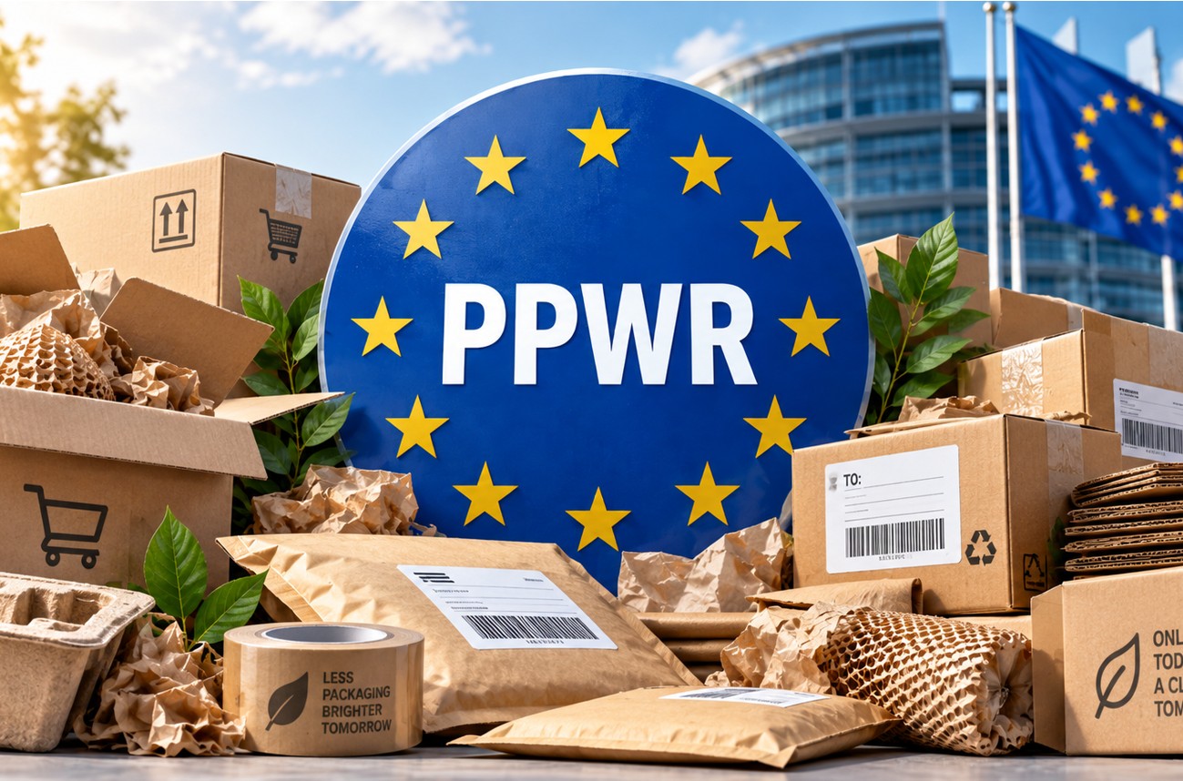 Symbolik zur PPWR Verpackungsverordnung der EU