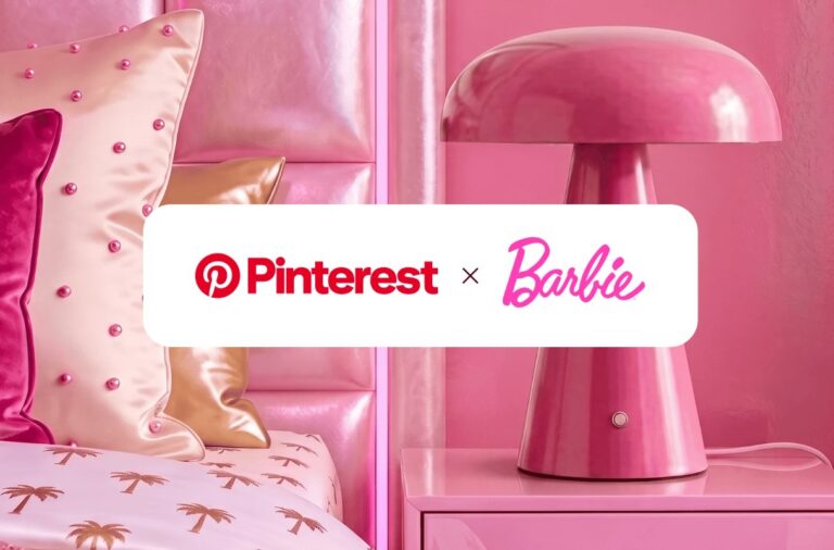 Logos von Pinterest und Barbie vor pinken Moebeln