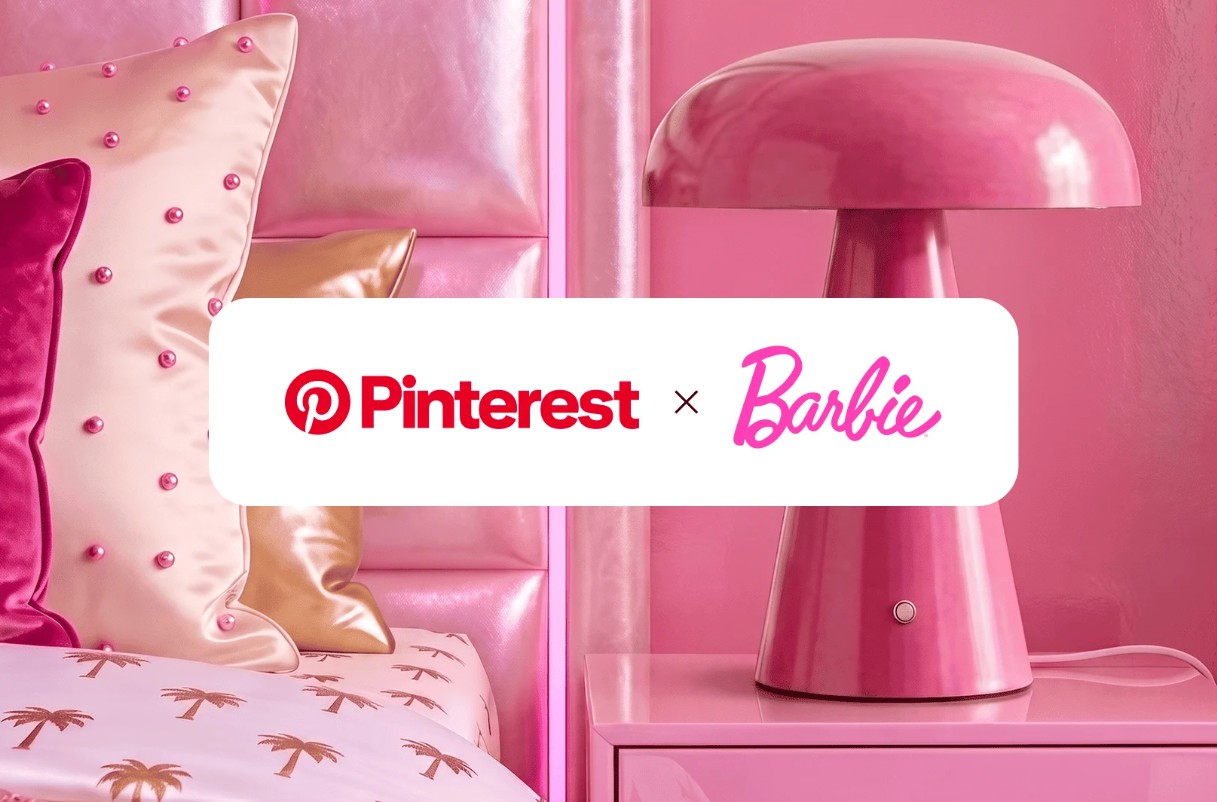 Logos von Pinterest und Barbie vor pinken Moebeln